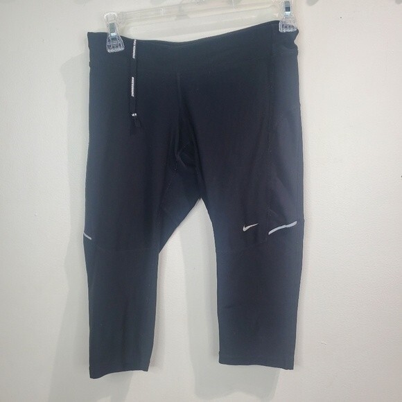Nike Dri-Fit Elastic Drawstring Waist Crop Running Workout Pants Black small - Picture 1 of 7